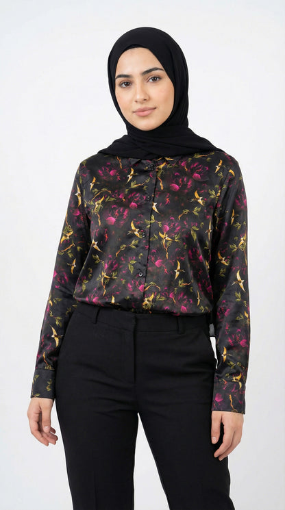 Black & Golden Birds Satin Chemise