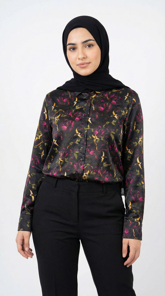 Black & Golden Birds Satin Chemise