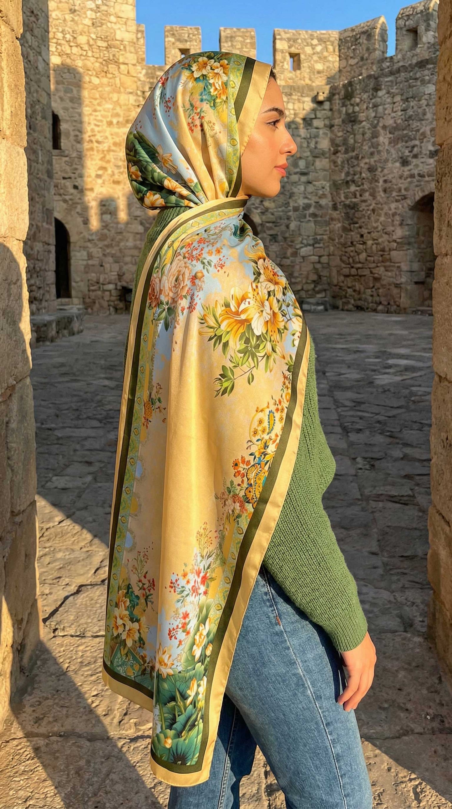 Yellow Floral Cotton Scarf
